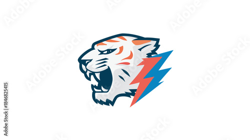 Fierce white tiger head mascot with dynamic lightning bolt, powerful wild animal illustration for sports teams or branding