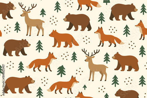 Wild animals in a forest setting with deer, bears, and foxes in various poses on a light background