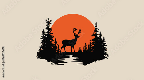 Majestic deer silhouette in a serene pine forest with a vibrant orange sunset, wilderness nature illustration design