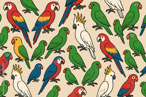 Colorful birds sit on a light background in a pattern showing various species of parrots and parakeets