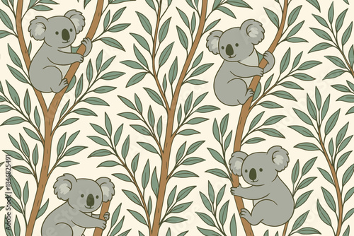 Koalas climbing trees among green leaves in a repeated pattern on a light background