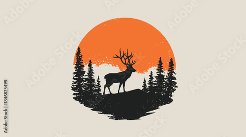 Majestic stag silhouette on a hill with pine trees, dramatic sunset wildlife illustration