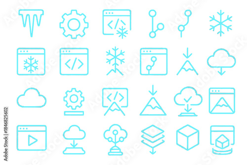 Collection of simple blue icons representing technology, winter, and data storage on a plain background