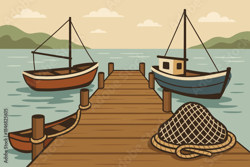 Boats docked at pier with fishing net and mountain background during daytime