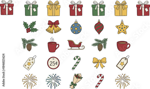 Hand drawn Christmas icon set with gift boxes, ornaments, mugs, candy canes, fireworks, and festive holiday elements illustration