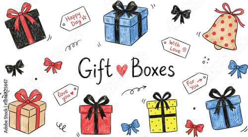 Hand drawn gift boxes illustration with bows, tags, bells, and love notes, perfect for celebrations, holidays, and festive design projects