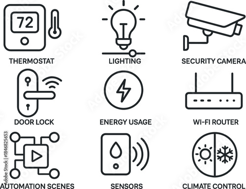 Smart Home Control Interface Icon Set for Automation Systems and Connected Living Platforms