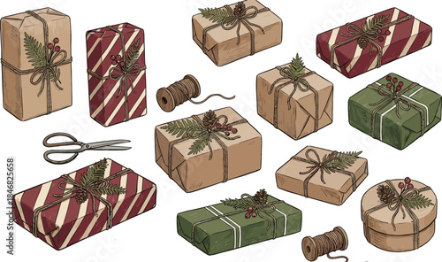 Hand wrapped Christmas gift boxes with rustic paper, twine, scissors, and greenery decorations, festive holiday packaging illustration set