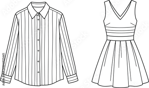 Minimal fashion line illustration of striped long sleeve shirt and sleeveless dress, clean outline apparel design for pattern and textile useMinimal fashion line illustration 