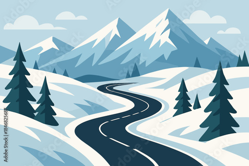 Snow-covered road winds through mountains with clear skies and pine trees in a winter landscape during the day