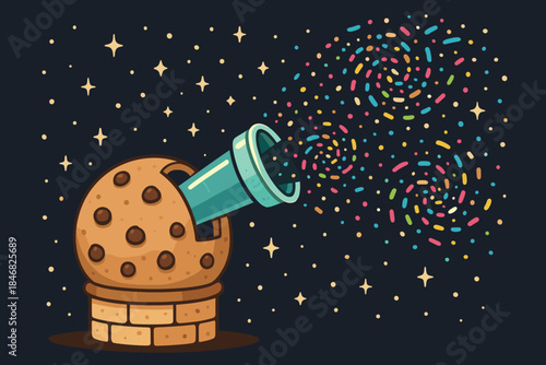 Cannon made of cookie launches colorful sprinkles into a starry night sky over a dark background