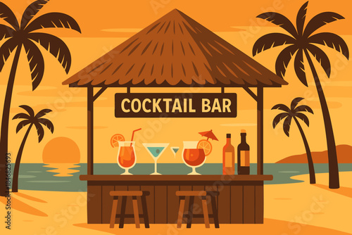 Enjoying drinks at a cocktail bar on the beach during sunset with palm trees in the background