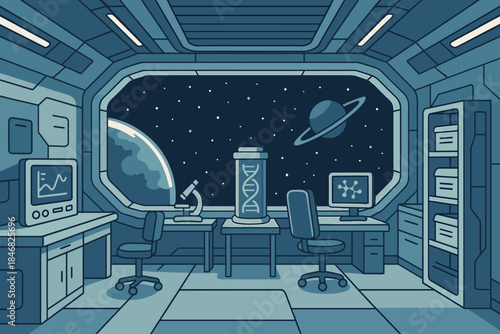 Futuristic lab with space view featuring a planet, a ringed planet, and scientific equipment in a stylized design