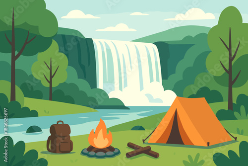 Camp setup at waterfall during daytime with fire and backpack nearby for outdoor adventure
