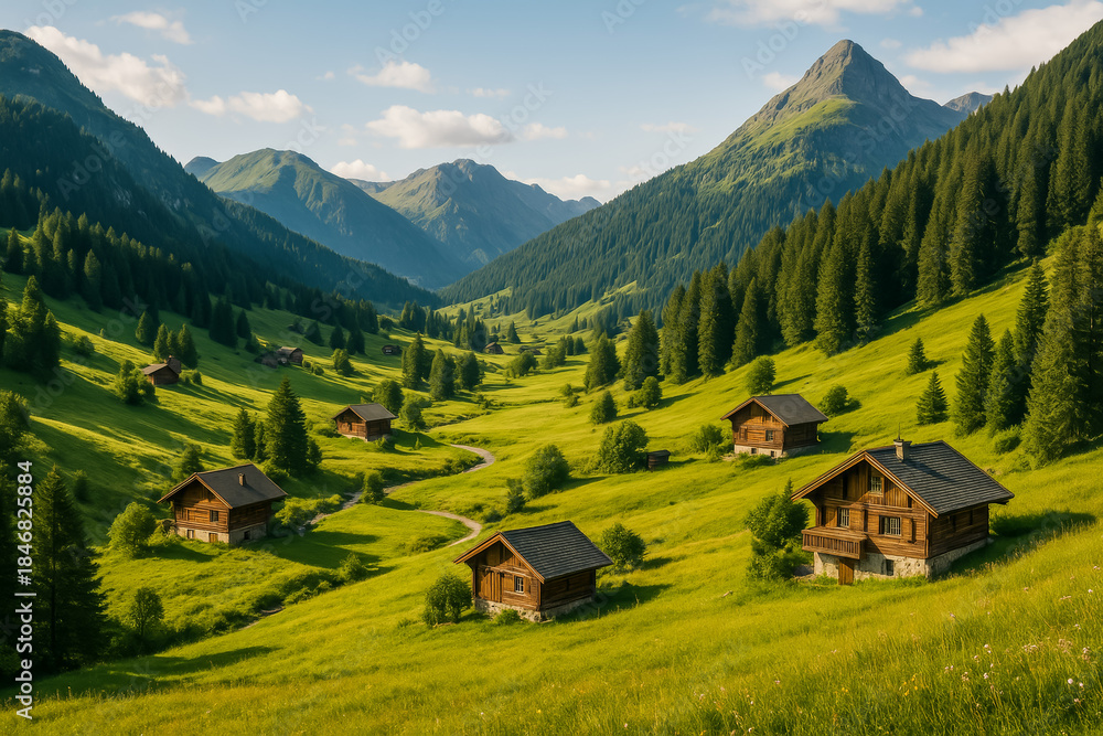 Obraz premium Serene mountain valley with traditional wooden houses and lush greenery