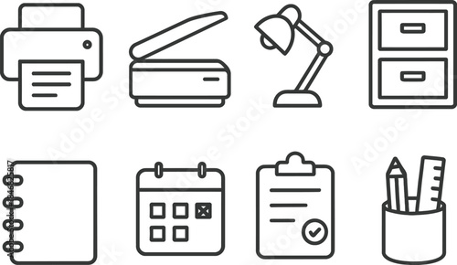 Minimal Office Equipment Icon Collection for Corporate Workspace and Productivity Design Needs