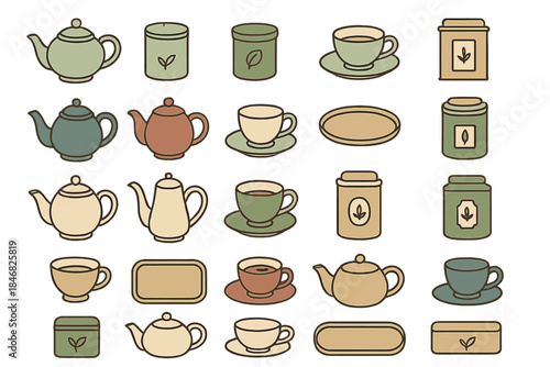Collection of teapots, cups, and containers for tea in various shapes and colors on a white background