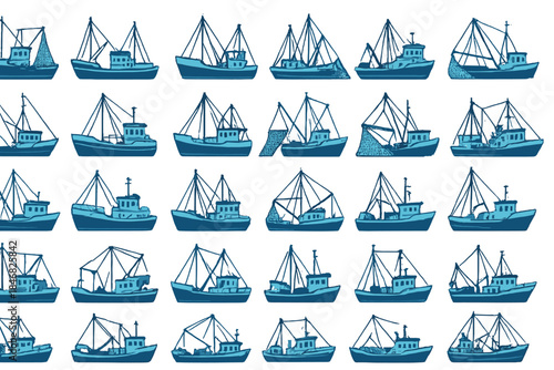Collection of blue fishing boats with various designs arranged in a grid on a white background
