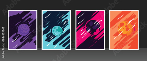 Four Trendy Retro-Futuristic Posters with Planets, Space Design. Skull, and Head Silhouette in Dynamic Cosmic Motion Art Style.

