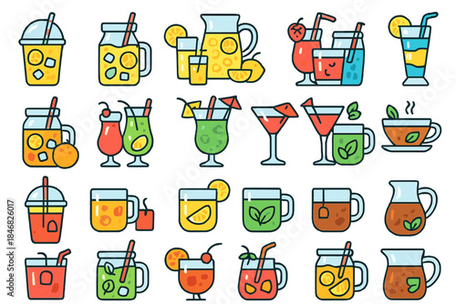 Various drinks with fruits and garnishes arranged in a fun and colorful way showing different types of beverages