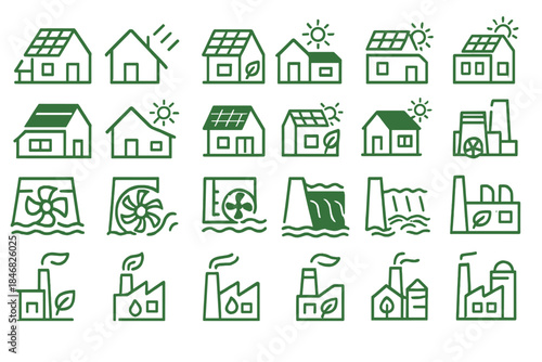 Various designs of houses with solar panels, factories, and water features for clean energy concepts and sustainable living practices