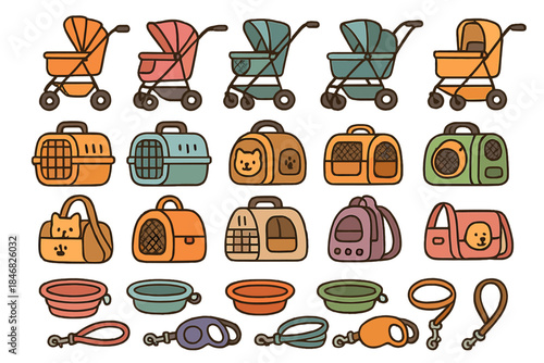 Different types of strollers and pet carriers for babies and pets in a simple design layout