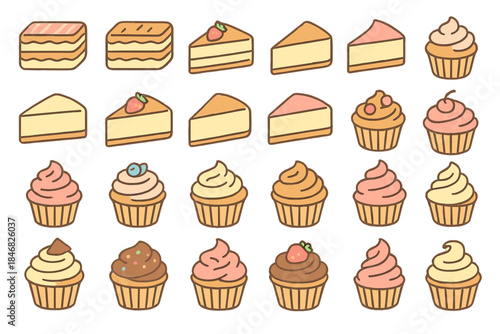 Different desserts including cupcakes and slices of cake are arranged in a grid on a white background during daytime