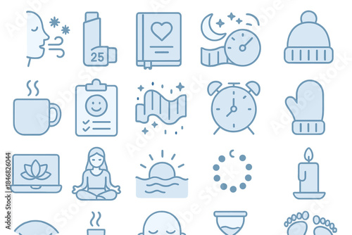 Collection of wellness icons for health, mindfulness, and daily routines in blue tones