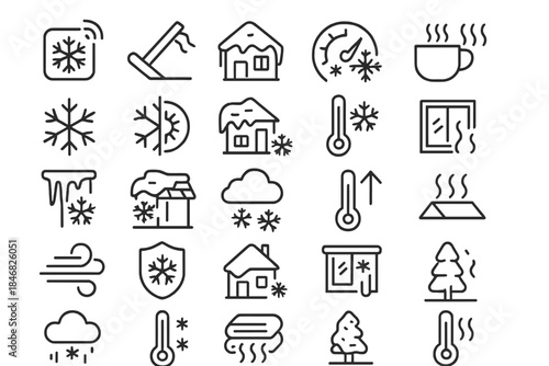 Collection of winter weather icons showing snow, cold temperatures, and related activities in a simple design