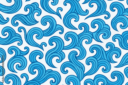 Waves in blue patterns with flowing lines on a light background