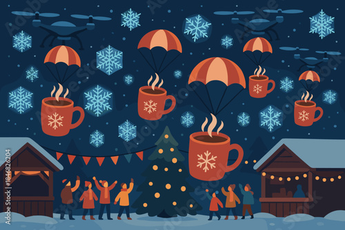 People celebrate winter festival with drones delivering hot drinks over a festive market at night