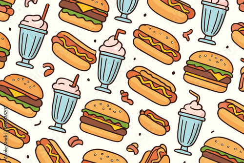 Different types of burgers, hot dogs, and milkshakes arranged in a colorful pattern on a light background