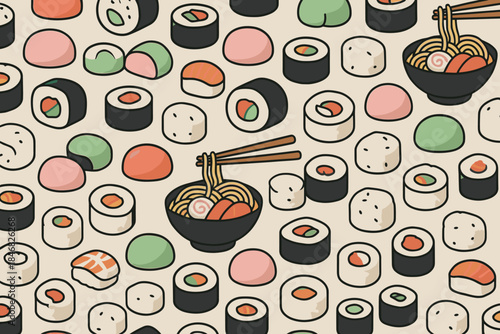 Pattern of sushi and noodles spread across a surface in various shapes and colors, creating an appealing food design for decoration
