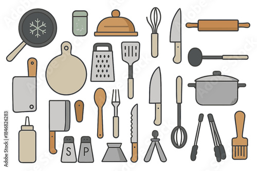 Various kitchen tools and utensils arranged on a flat surface for cooking and food preparation tasks