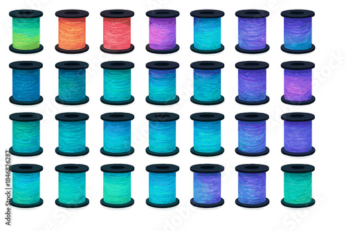Colorful thread spools arranged in neat rows show various shades and hues in a craft setting