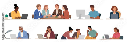 Set of diverse people working in an office, collaborating in meetings, using laptops and computers at desks. Flat vector illustration isolated on transparent background