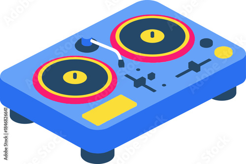 DJ setup with turntables and controls on a blue surface viewed from above