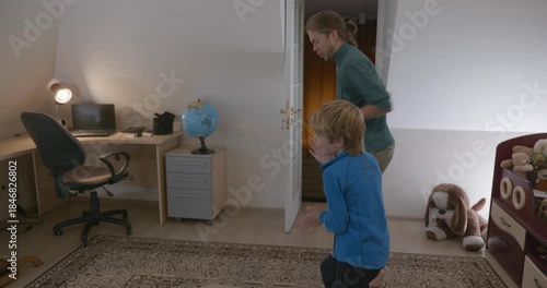 Man Does Exercise Workout with Kid at Home. 4K 10-bit