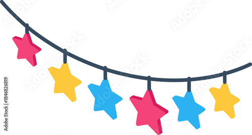 Colorful star garland hanging on a string against a white background