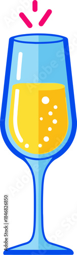 A champagne flute filled with bubbly drink is viewed from the side on a clean white background to celebrate the new year