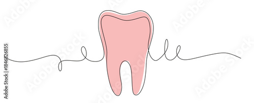 Continuous line art of a tooth with curved and twisting lines. This icon is for a dental clinic banner. Vector illustration with color.
