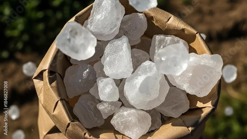 Close-up of White Crystal Rocks in a Brown Paper Bag