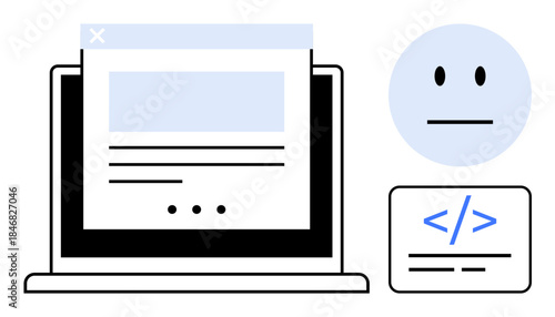 Technology, digital communication, web development, online interaction, programming, user interface. Laptop with webpage, face and coding symbol. Technology and digital communication concept
