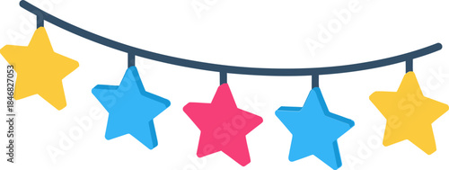 Colorful star garland hanging on a string against a white background for new year celebration