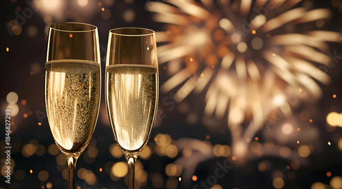 Two elegant champagne glasses celebrating a festive occasion, illuminated by dazzling fireworks in the background.