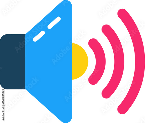 A blue megaphone emitting loud sound waves in a simple white background