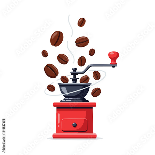 Retro Coffee Grinder Producing Freshly Roasted Beans and Aromatic Steam for Beverage Preparation