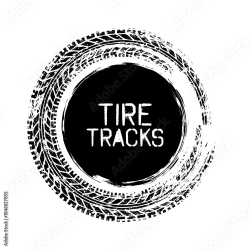 Grunge circle tire track, wheel braking mark. Truck, car or motorcycle tread pattern silhouettes. Auto race, motorsport, speed racing design element. Vector illustration