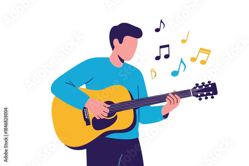 Illustration depicts person playing an acoustic guitar with musical notes in background