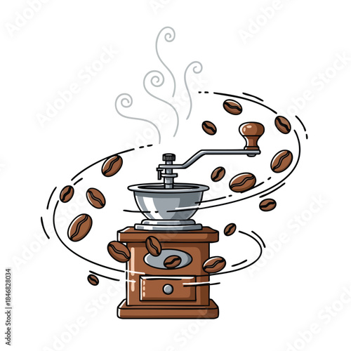 Vintage coffee grinder with aromatic steam and scattered beans illustration creating a delightful morning beverage experience